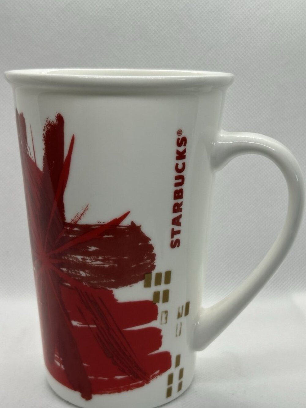 Starbucks Coffee ABSTRACT 12oz Cup Mug White Red Gold 2014 Holiday